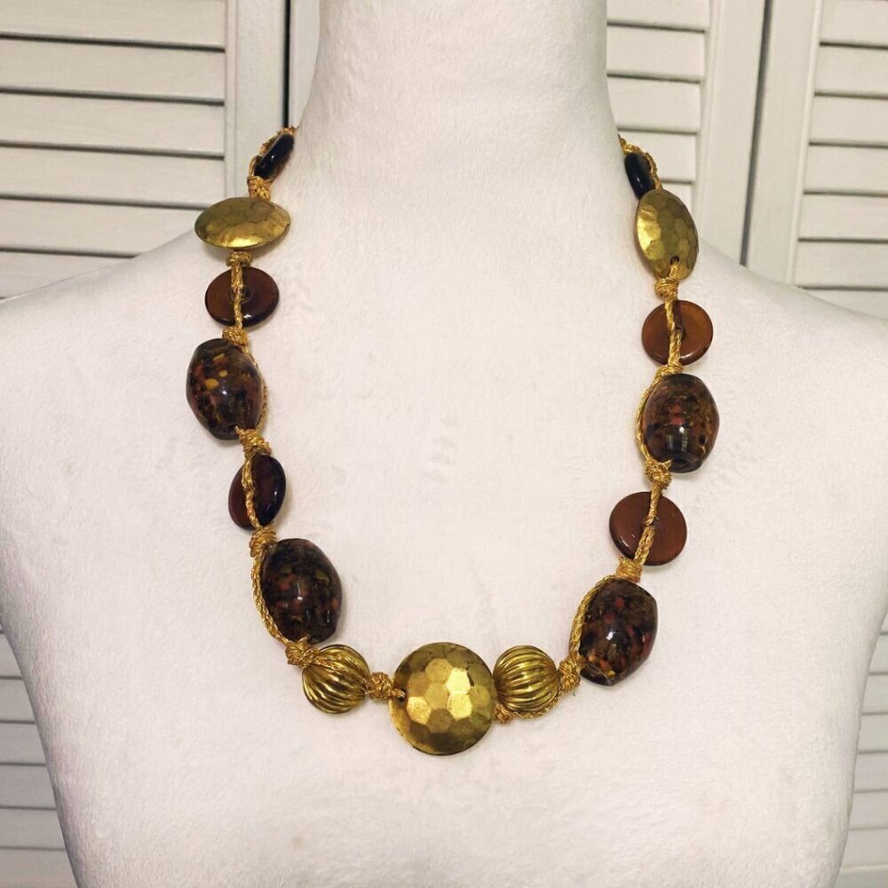 Chunky Amber and Gold-Colored Beaded Necklace